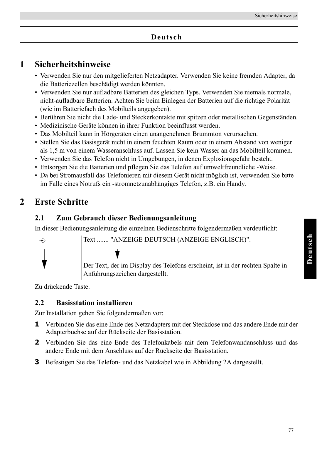 Topcom E450 manual Sicherheitshinweise, Erste Schritte, Deutsch, Zum Gebrauch dieser Bedienungsanleitung 