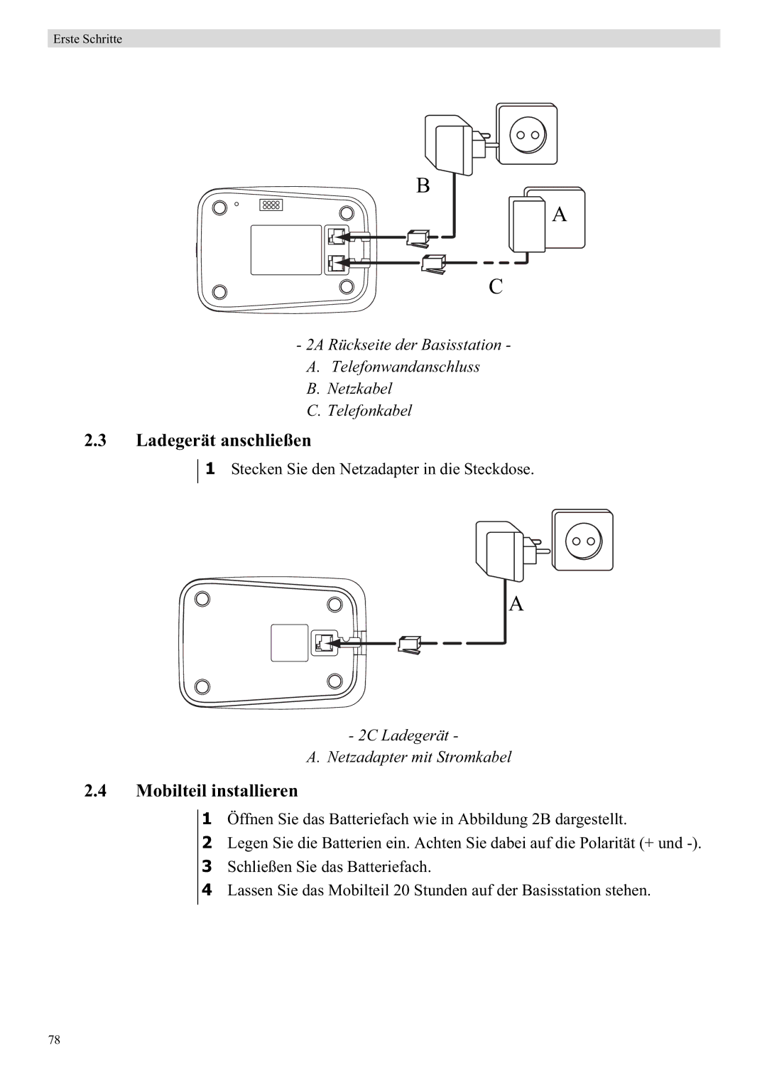 Topcom E450 manual Ladegerät anschließen, Mobilteil installieren 