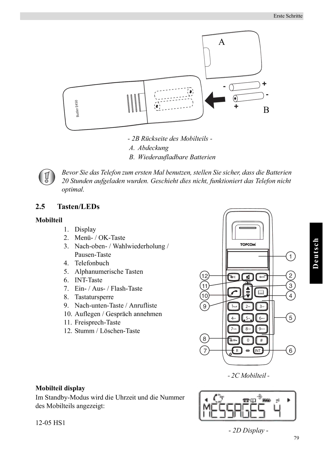 Topcom E450 manual Tasten/LEDs, Mobilteil display 