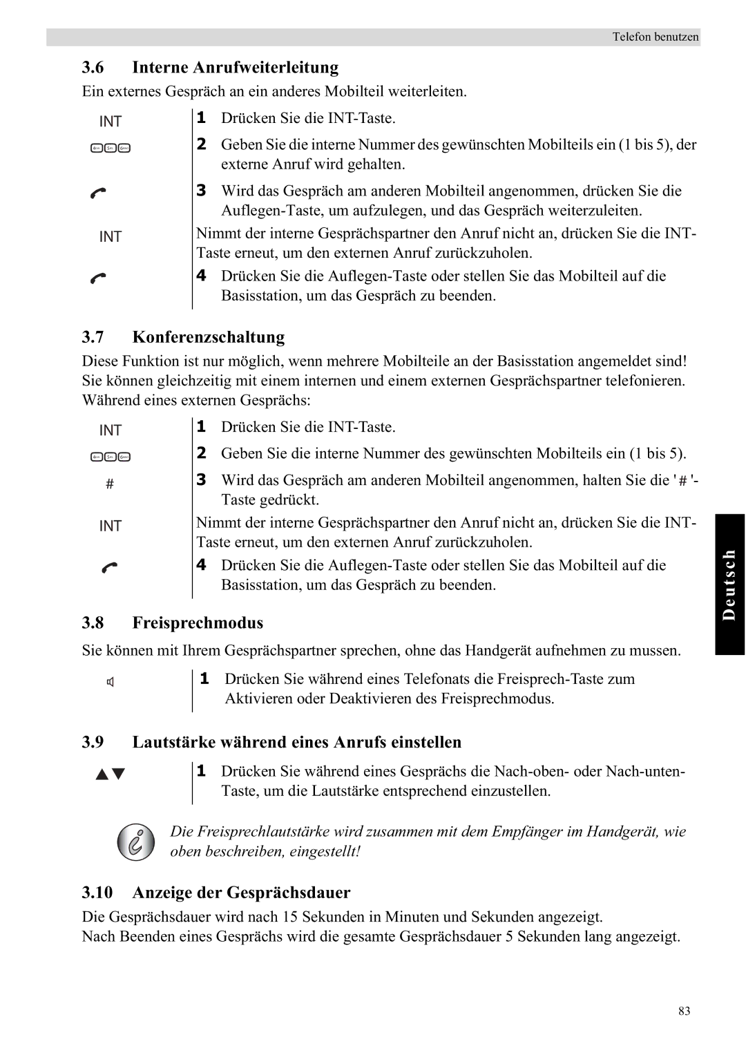 Topcom E450 Interne Anrufweiterleitung, Konferenzschaltung, Freisprechmodus, Lautstärke während eines Anrufs einstellen 