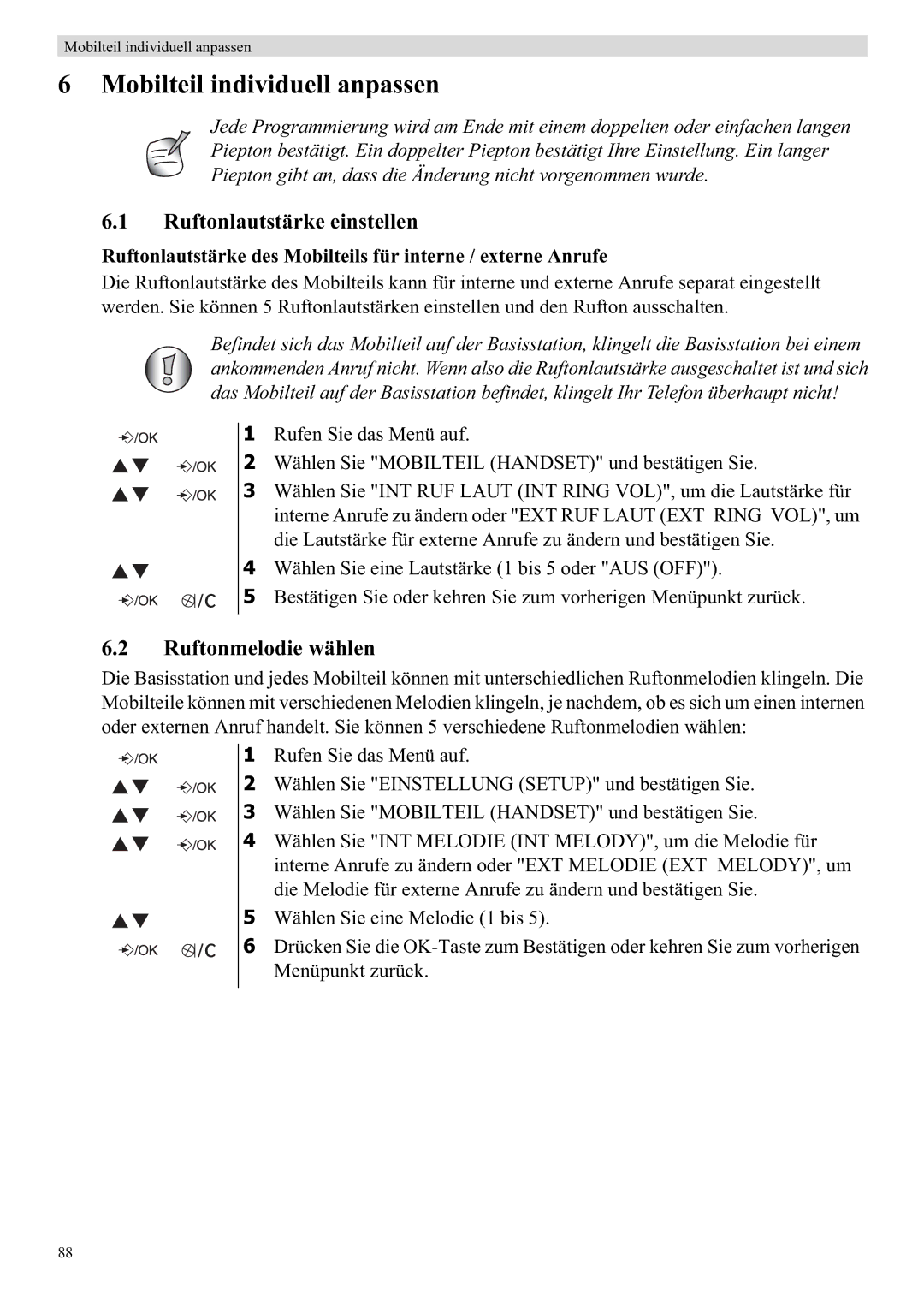 Topcom E450 manual Mobilteil individuell anpassen, Ruftonlautstärke einstellen, Ruftonmelodie wählen 