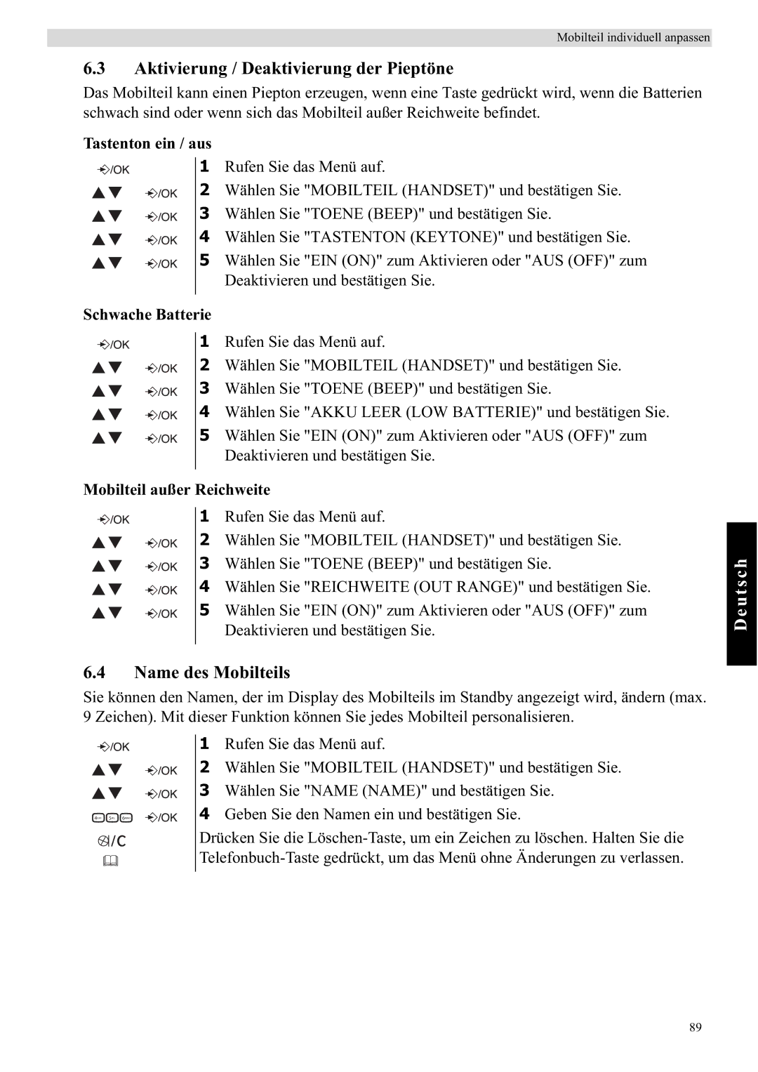 Topcom E450 manual Aktivierung / Deaktivierung der Pieptöne, Name des Mobilteils, Mobilteil außer Reichweite 