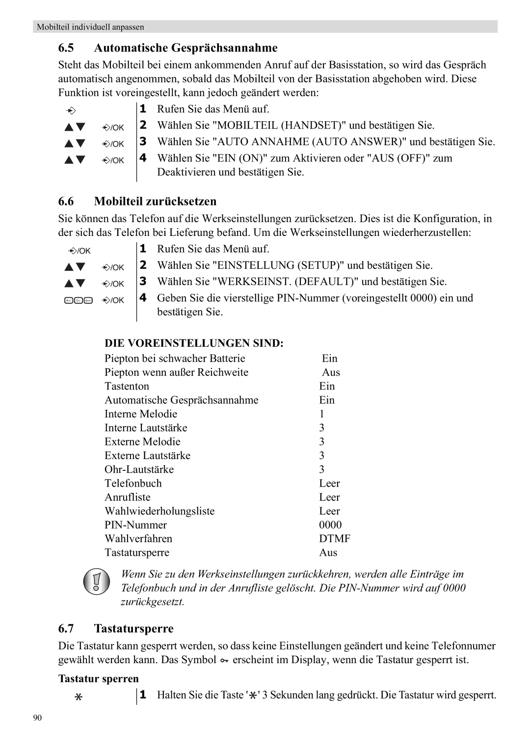 Topcom E450 manual Automatische Gesprächsannahme, Mobilteil zurücksetzen, Tastatursperre, Tastatur sperren 