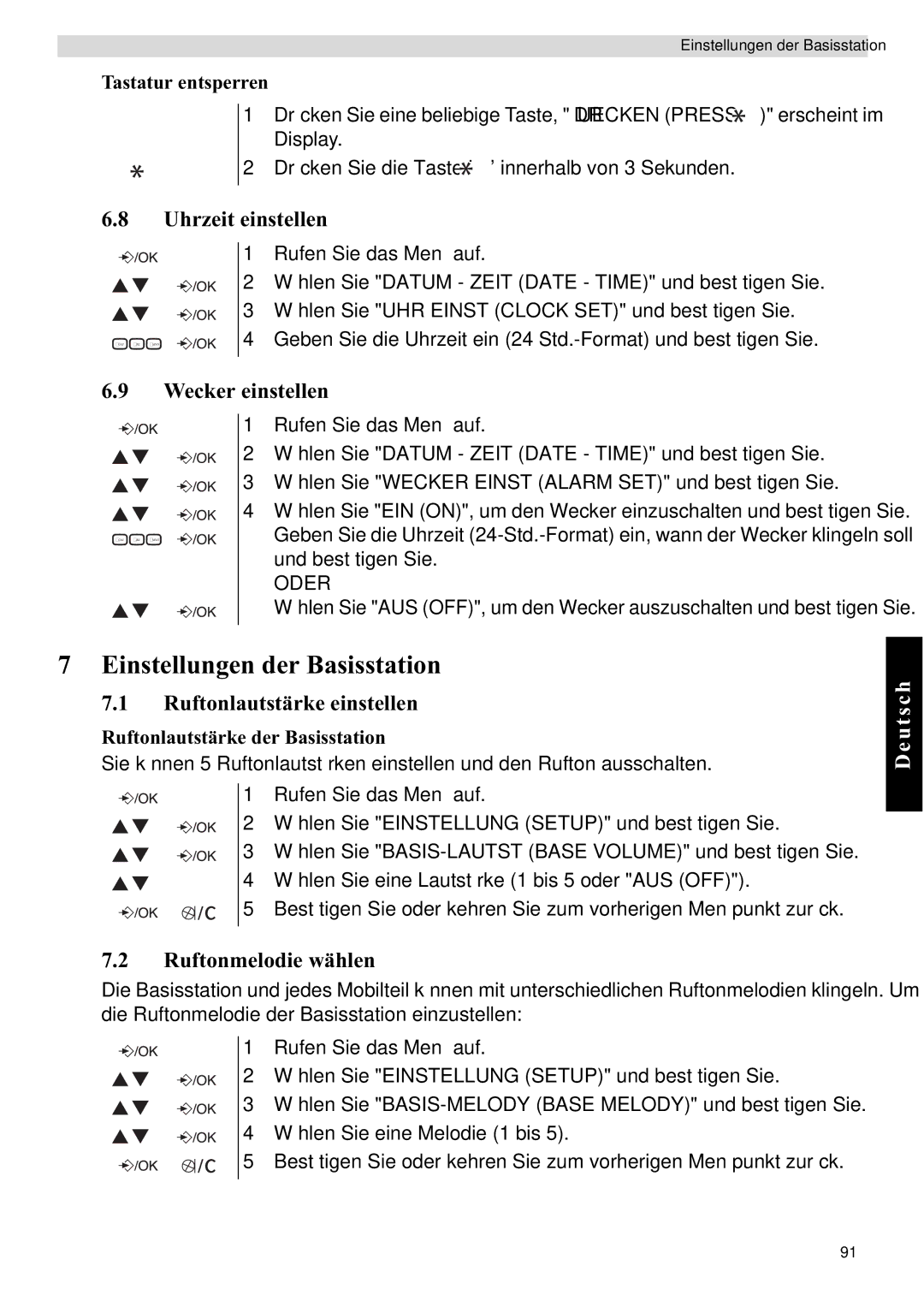 Topcom E450 manual Einstellungen der Basisstation, Uhrzeit einstellen, Wecker einstellen, Tastatur entsperren 