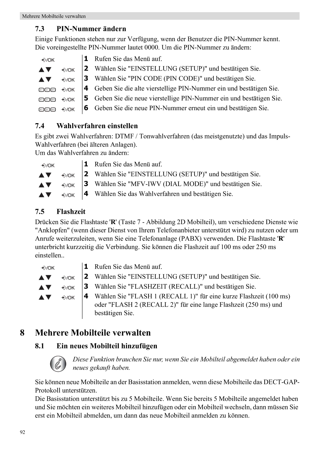 Topcom E450 manual Mehrere Mobilteile verwalten, PIN-Nummer ändern, Wahlverfahren einstellen, Flashzeit 