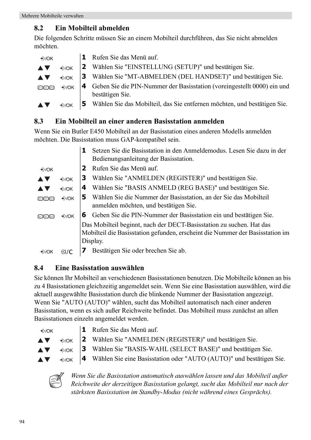 Topcom E450 Ein Mobilteil abmelden, Ein Mobilteil an einer anderen Basisstation anmelden, Eine Basisstation auswählen 