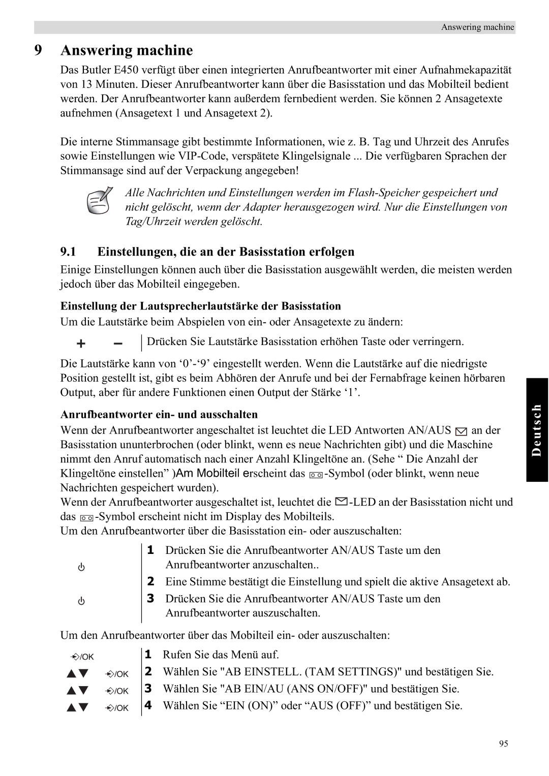 Topcom E450 manual Einstellungen, die an der Basisstation erfolgen, Einstellung der Lautsprecherlautstärke der Basisstation 