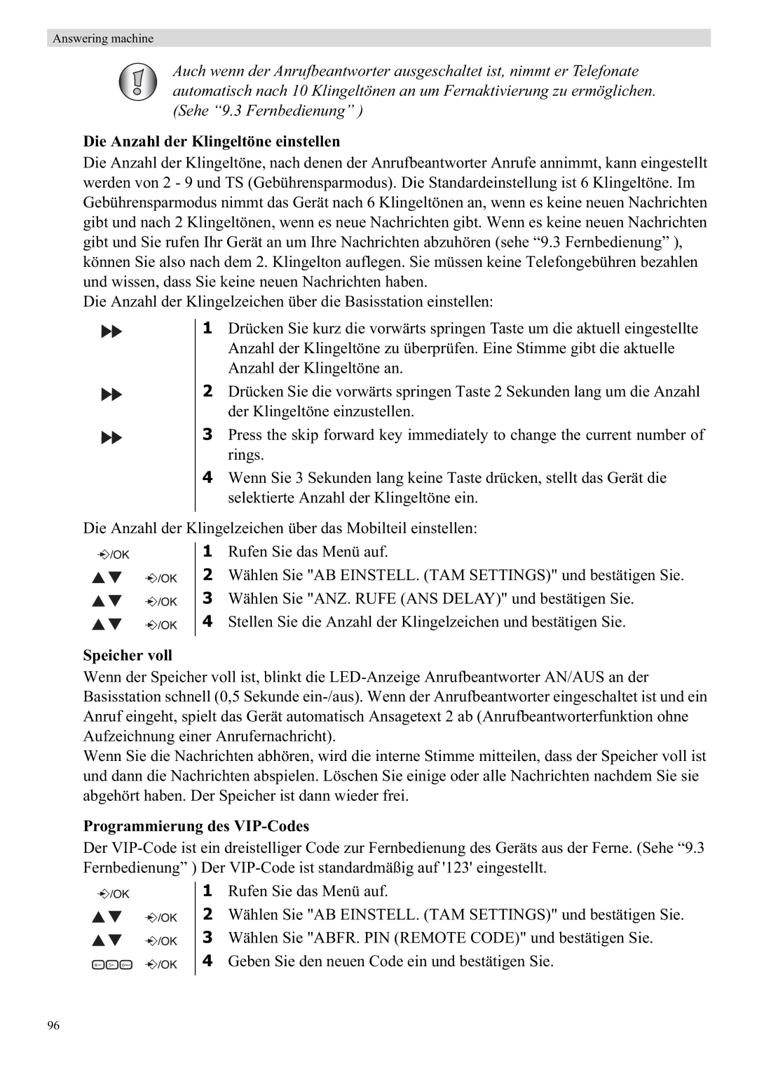 Topcom E450 manual Die Anzahl der Klingeltöne einstellen, Speicher voll, Programmierung des VIP-Codes 