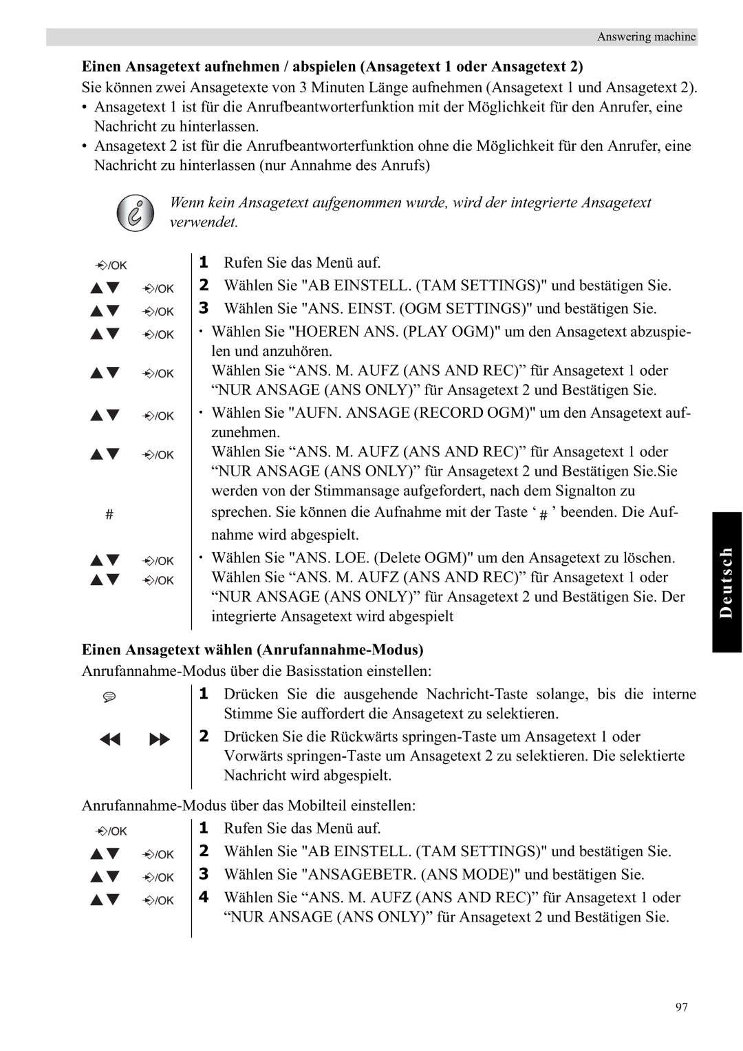 Topcom E450 manual Einen Ansagetext wählen Anrufannahme-Modus 