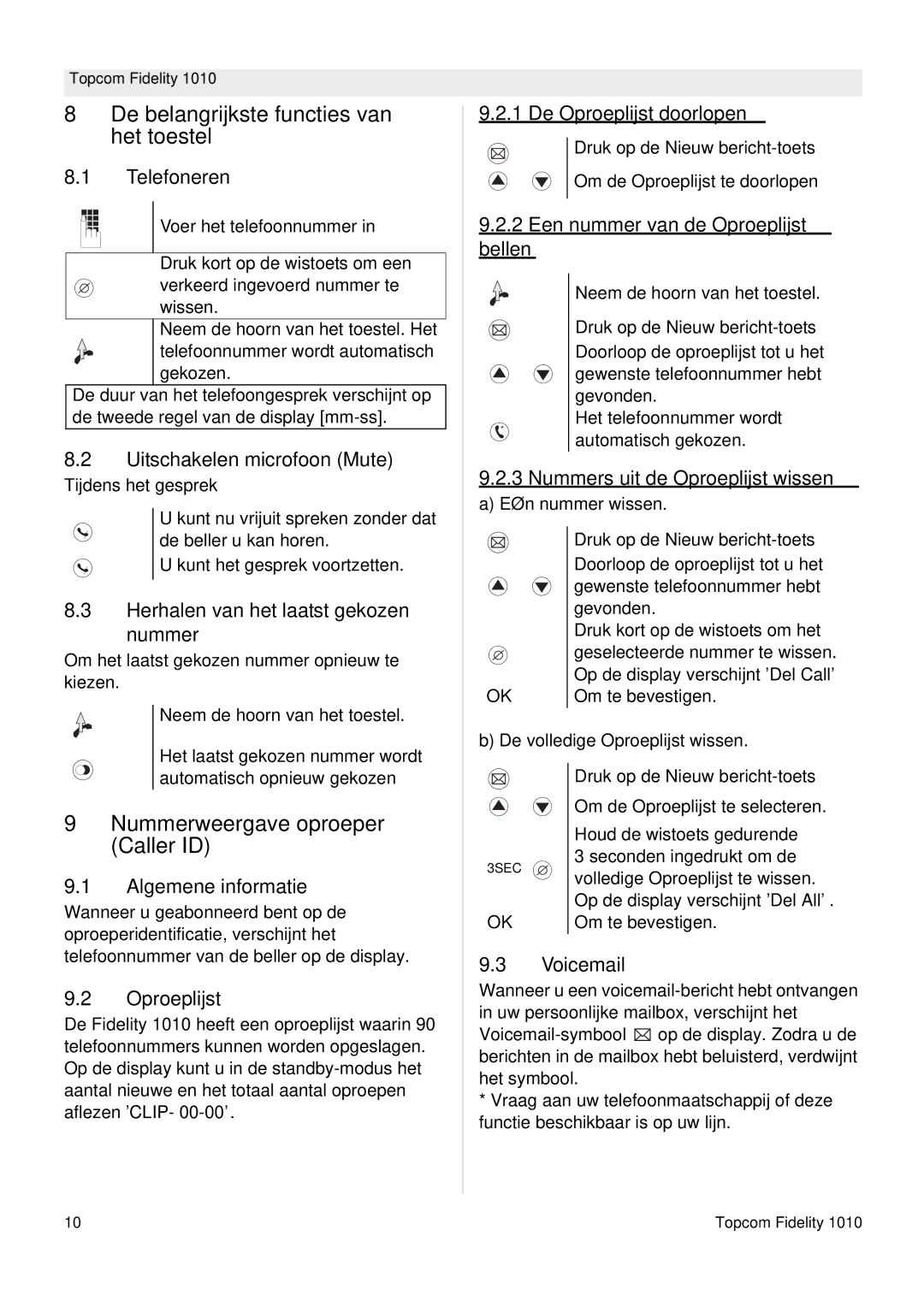 Topcom FIDELITY 1010 manual De belangrijkste functies van het toestel, Nummerweergave oproeper Caller ID 