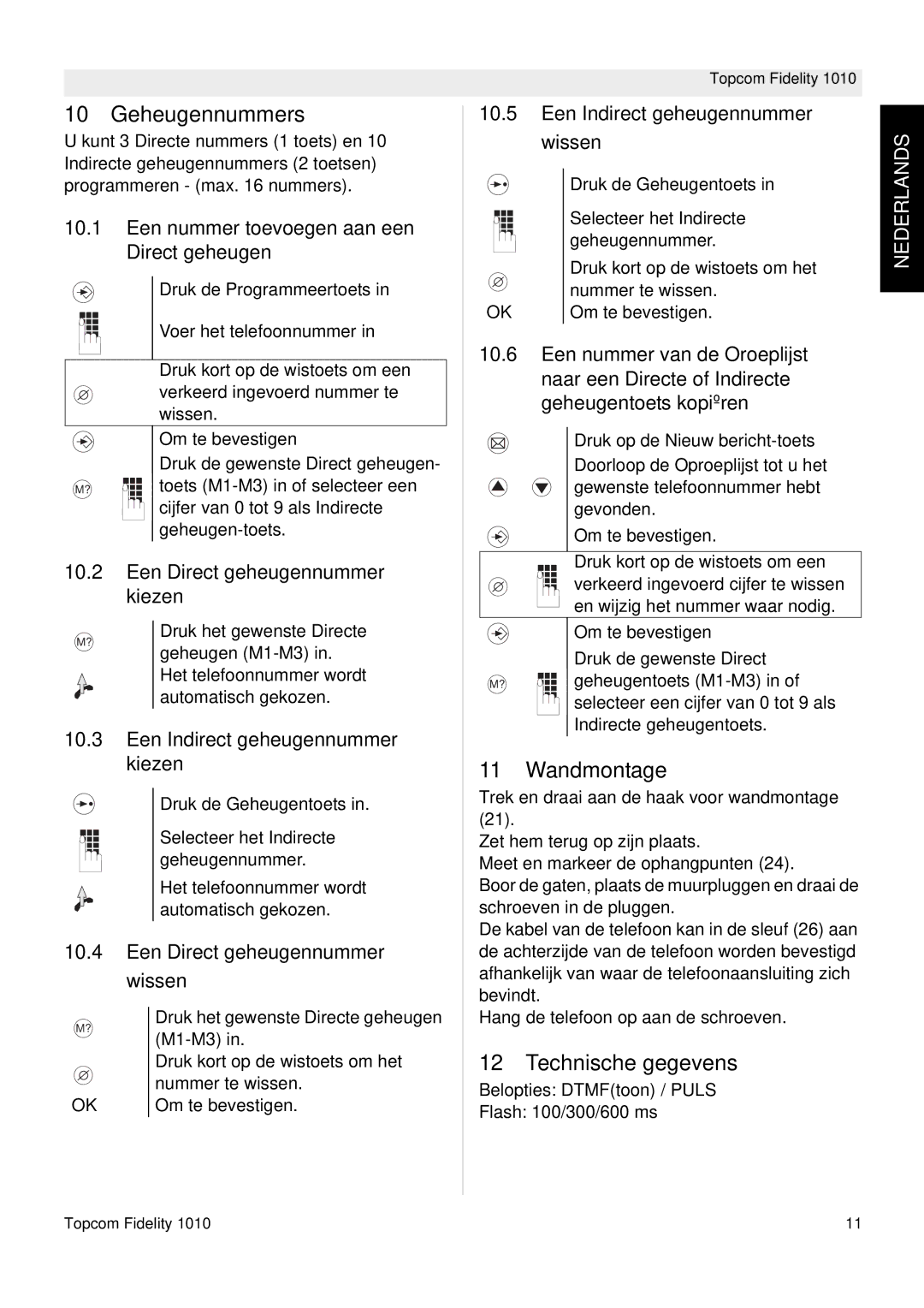 Topcom FIDELITY 1010 manual Geheugennummers, Wandmontage, Technische gegevens 