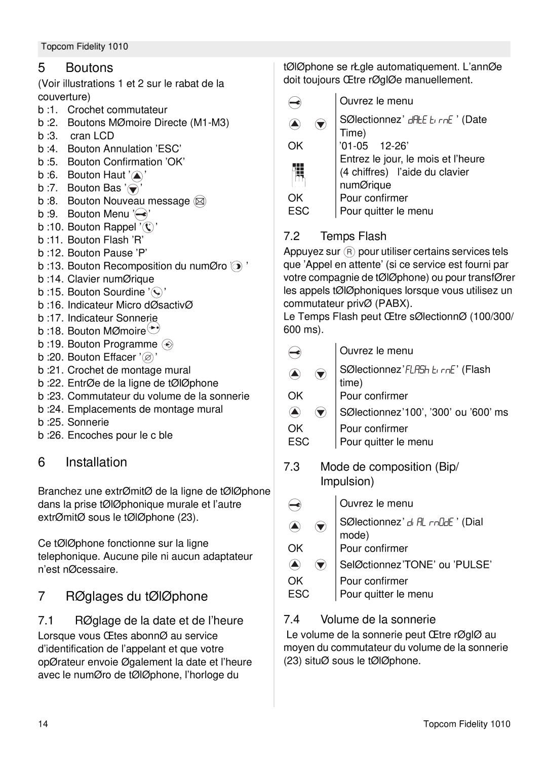 Topcom FIDELITY 1010 manual Boutons, Réglages du téléphone 