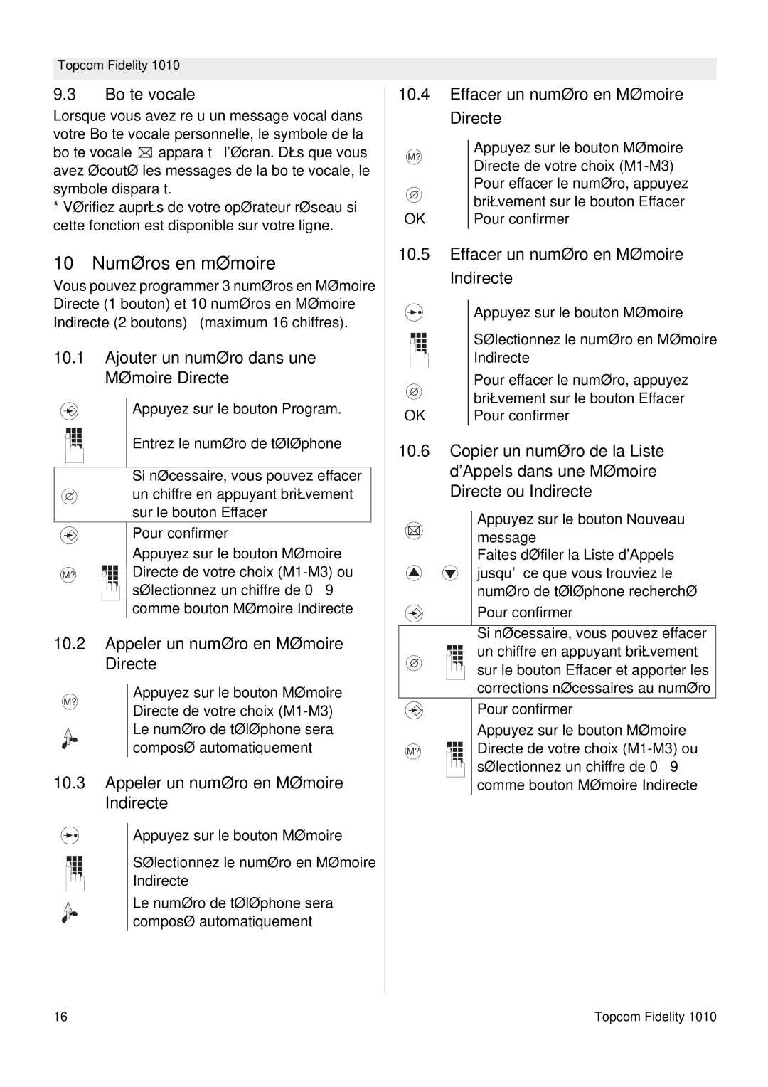 Topcom FIDELITY 1010 manual 10 Numéros en mémoire 