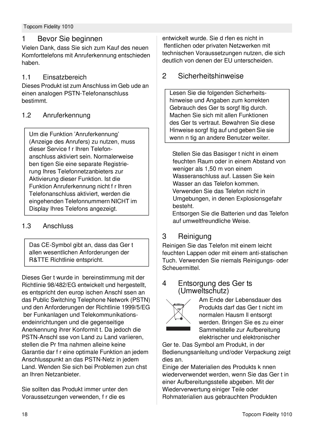 Topcom FIDELITY 1010 manual Bevor Sie beginnen, Sicherheitshinweise, Reinigung, Entsorgung des Geräts Umweltschutz 