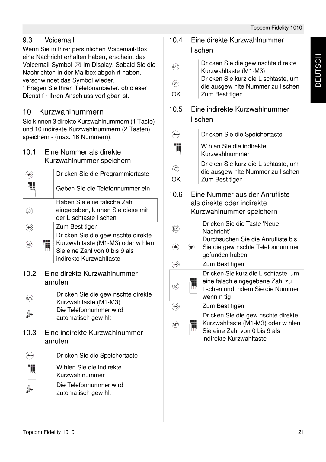 Topcom FIDELITY 1010 manual Kurzwahlnummern 