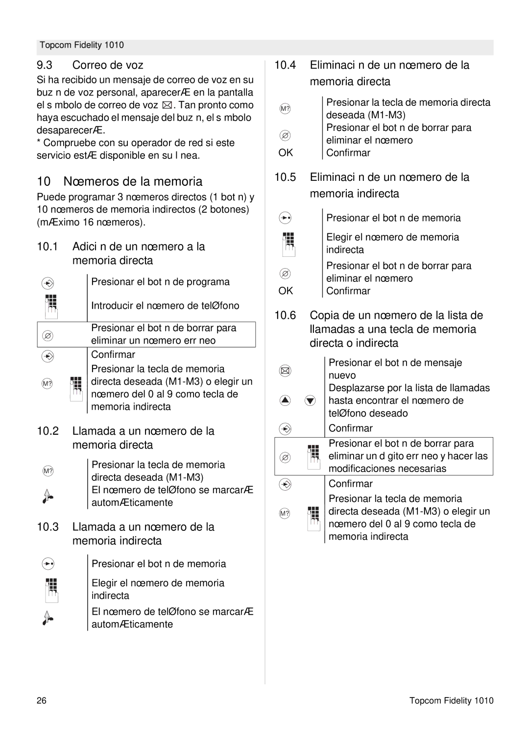 Topcom FIDELITY 1010 manual 10 Números de la memoria 