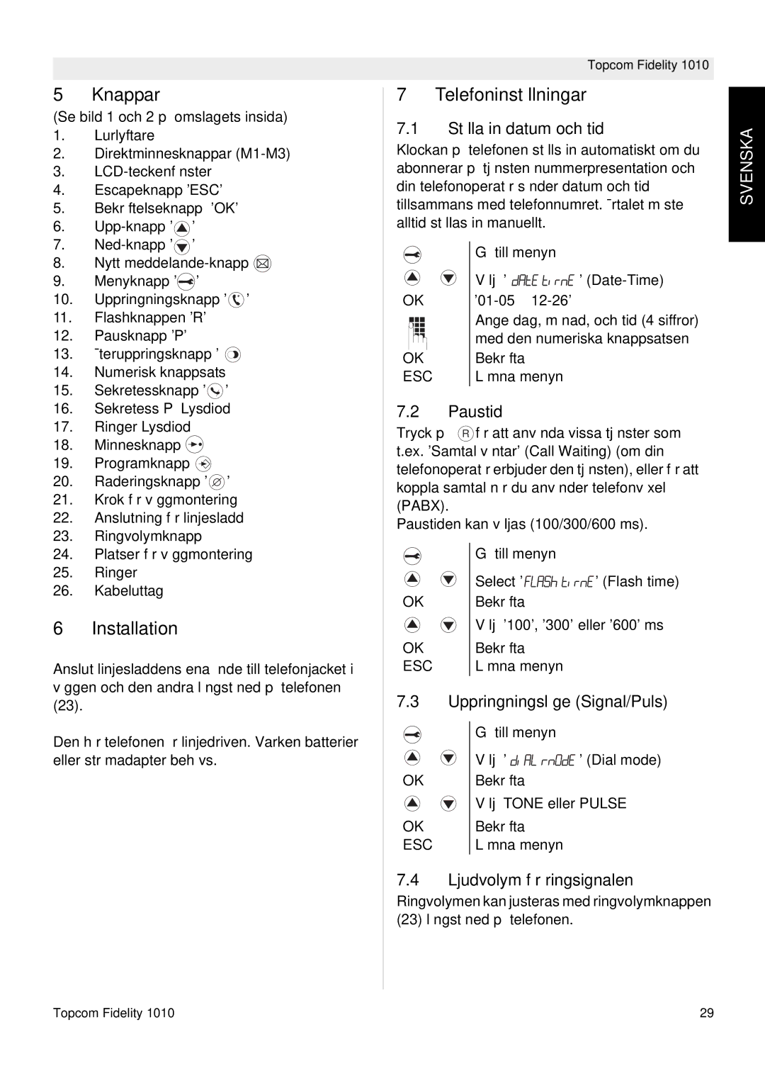 Topcom FIDELITY 1010 manual Knappar, Telefoninställningar 