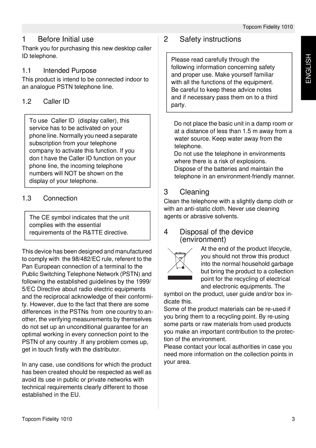 Topcom FIDELITY 1010 manual Before Initial use, Safety instructions, Cleaning, Disposal of the device environment 