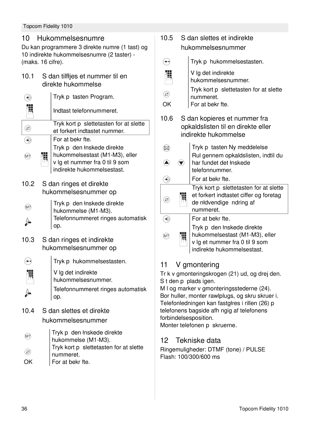 Topcom FIDELITY 1010 manual Hukommelsesnumre, 11 Vægmontering, Tekniske data 