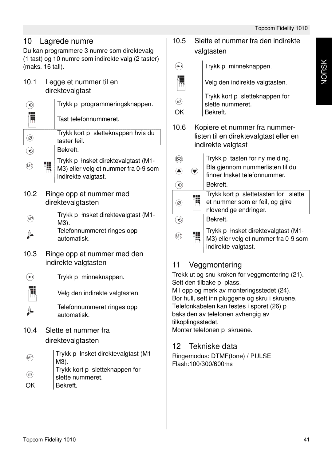 Topcom FIDELITY 1010 manual Lagrede numre, Veggmontering 