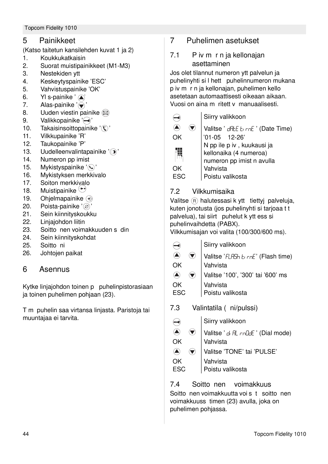 Topcom FIDELITY 1010 manual Painikkeet, Asennus, Puhelimen asetukset 