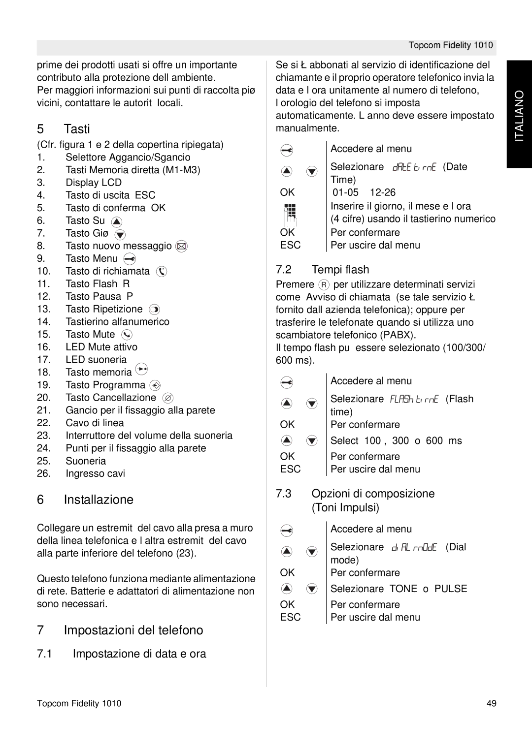 Topcom FIDELITY 1010 manual Tasti, Installazione, Impostazioni del telefono 