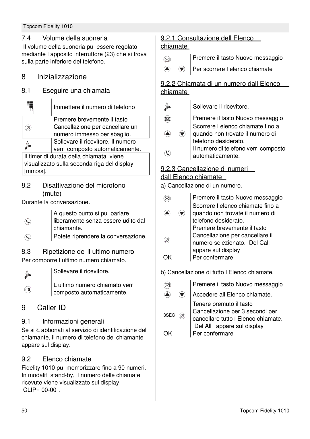 Topcom FIDELITY 1010 Inizializzazione, Consultazione dell’Elenco chiamate, Chiamata di un numero dall’Elenco chiamate 