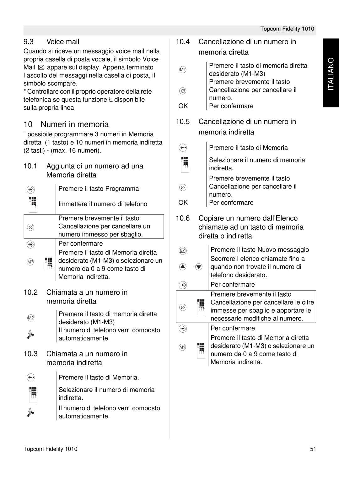 Topcom FIDELITY 1010 manual Numeri in memoria 