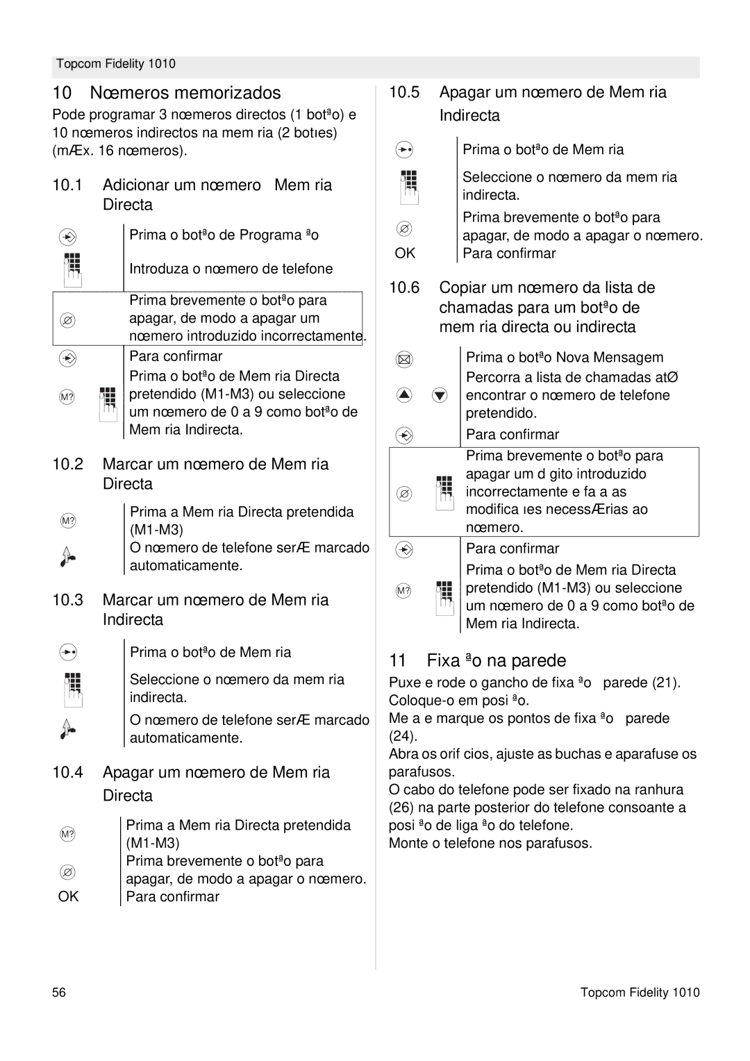 Topcom FIDELITY 1010 manual 10 Números memorizados, Fixação na parede 