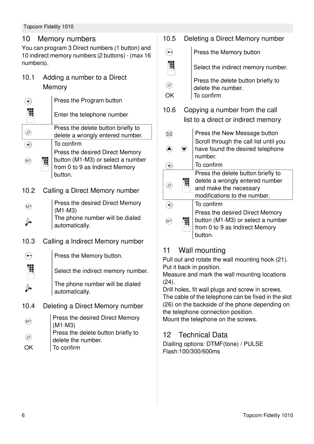 Topcom FIDELITY 1010 manual Memory numbers, Wall mounting, Technical Data 