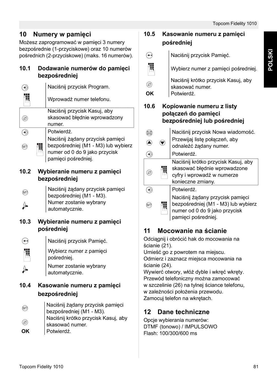 Topcom FIDELITY 1010 manual Numery w pamiĊci, Mocowanie na Ğcianie, Dane techniczne 