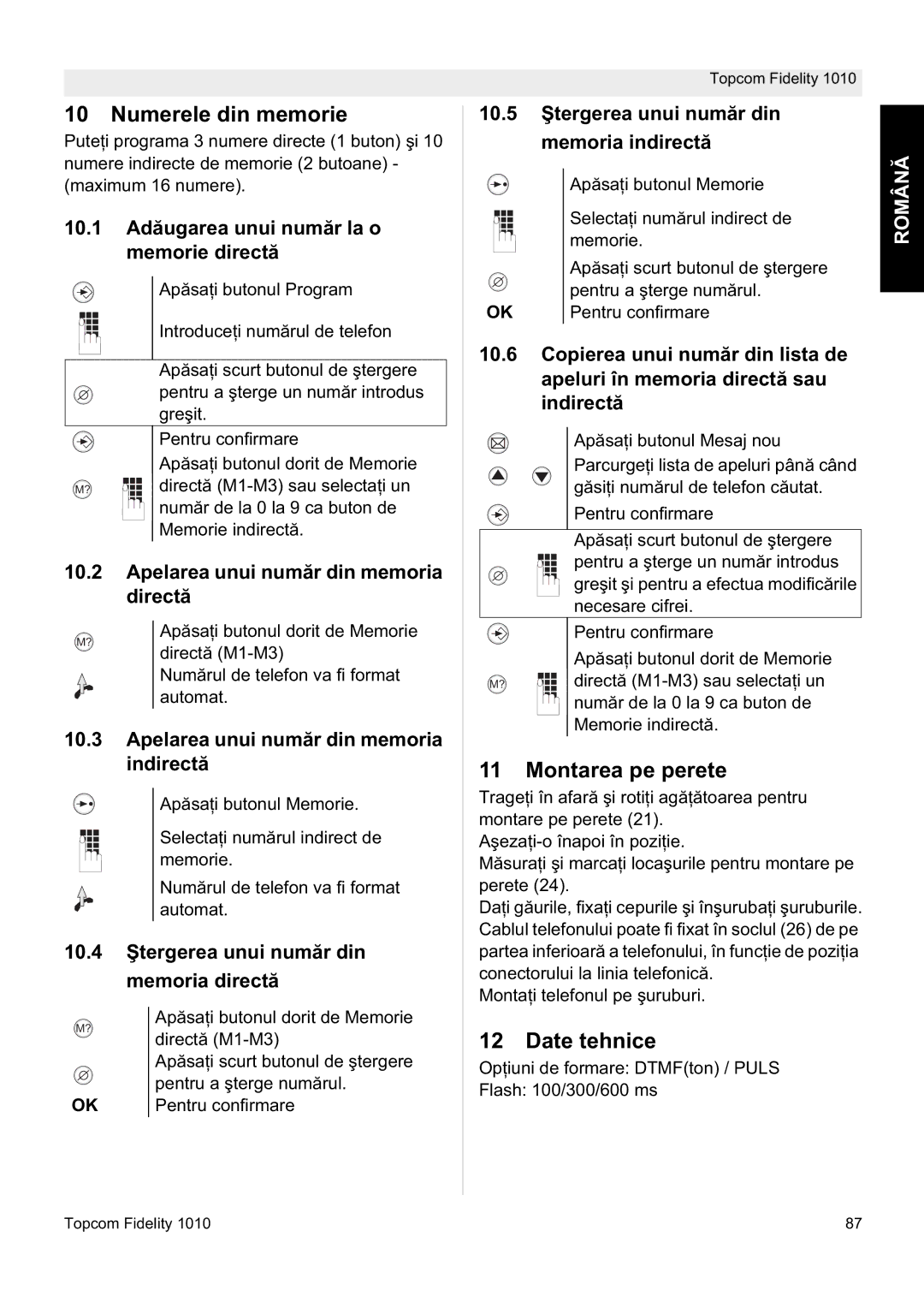 Topcom FIDELITY 1010 manual Numerele din memorie, Montarea pe perete, Date tehnice 