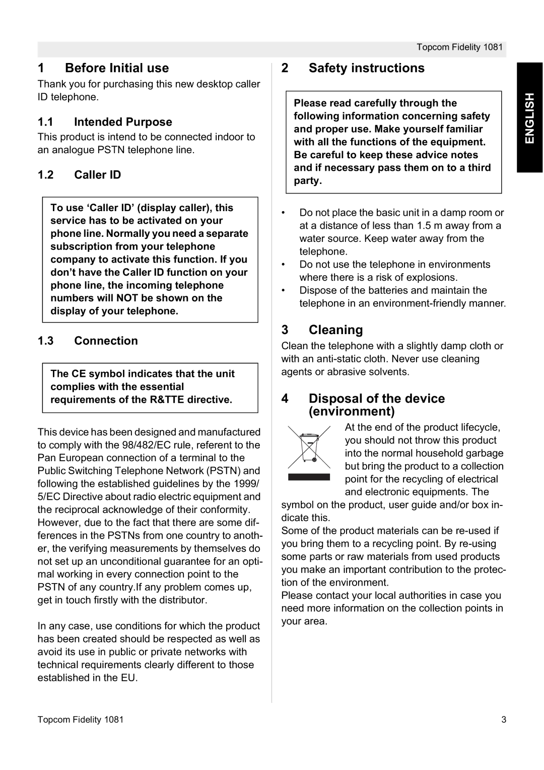 Topcom FIDELITY 1081 manual Before Initial use, Safety instructions, Cleaning, Disposal of the device environment 