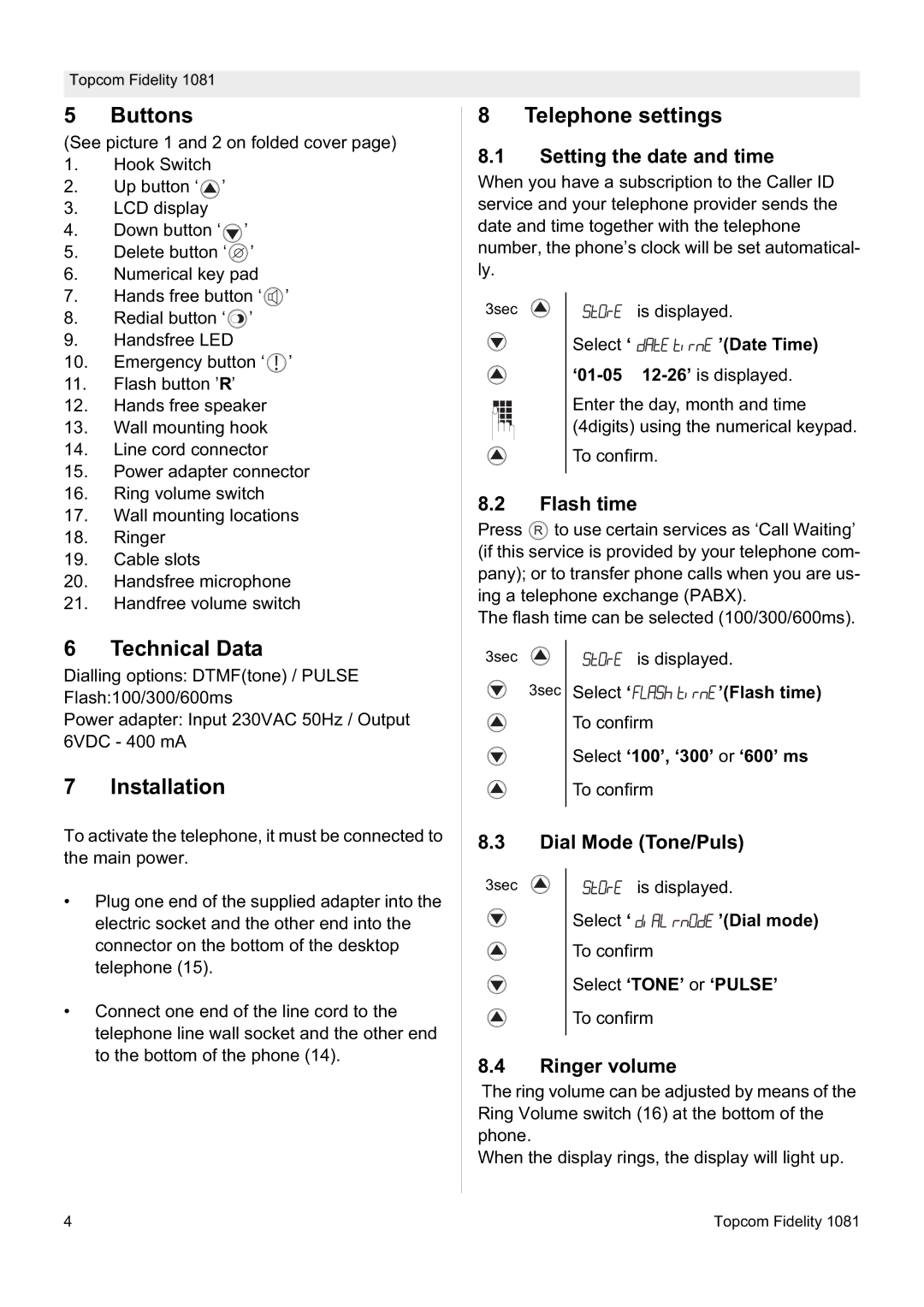Topcom FIDELITY 1081 manual Buttons, Technical Data, Installation, Telephone settings 