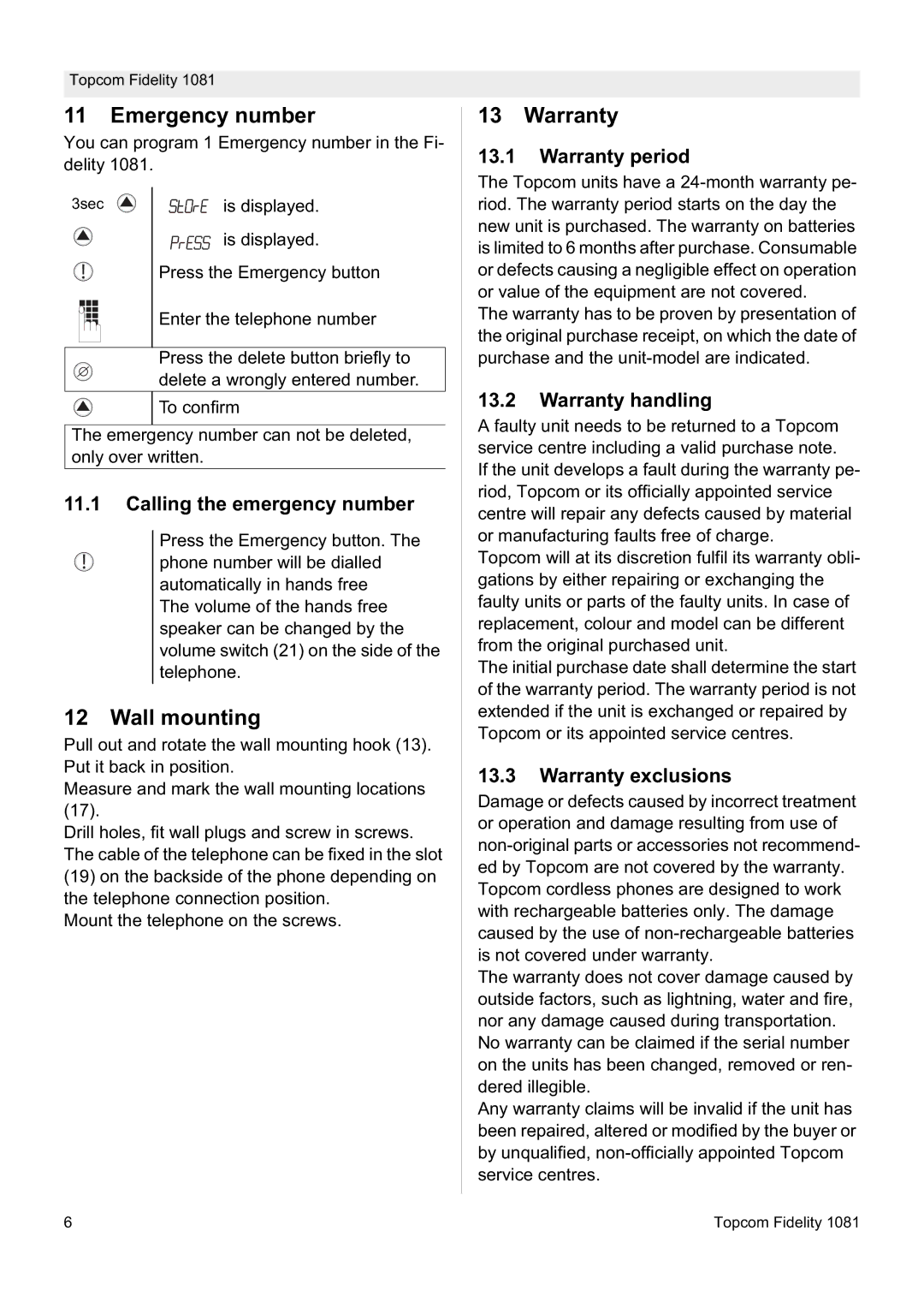 Topcom FIDELITY 1081 manual Emergency number, Wall mounting, Warranty 