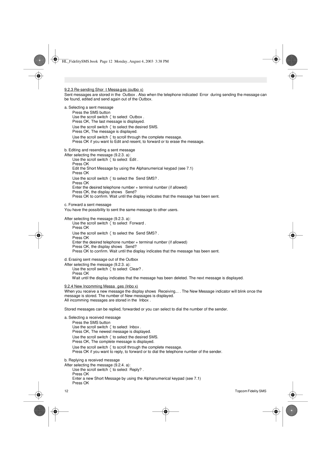 Topcom FIDELITY SMS Re-sending Short Messages outbox, Selecting a sent message, Editing and resending a sent message 