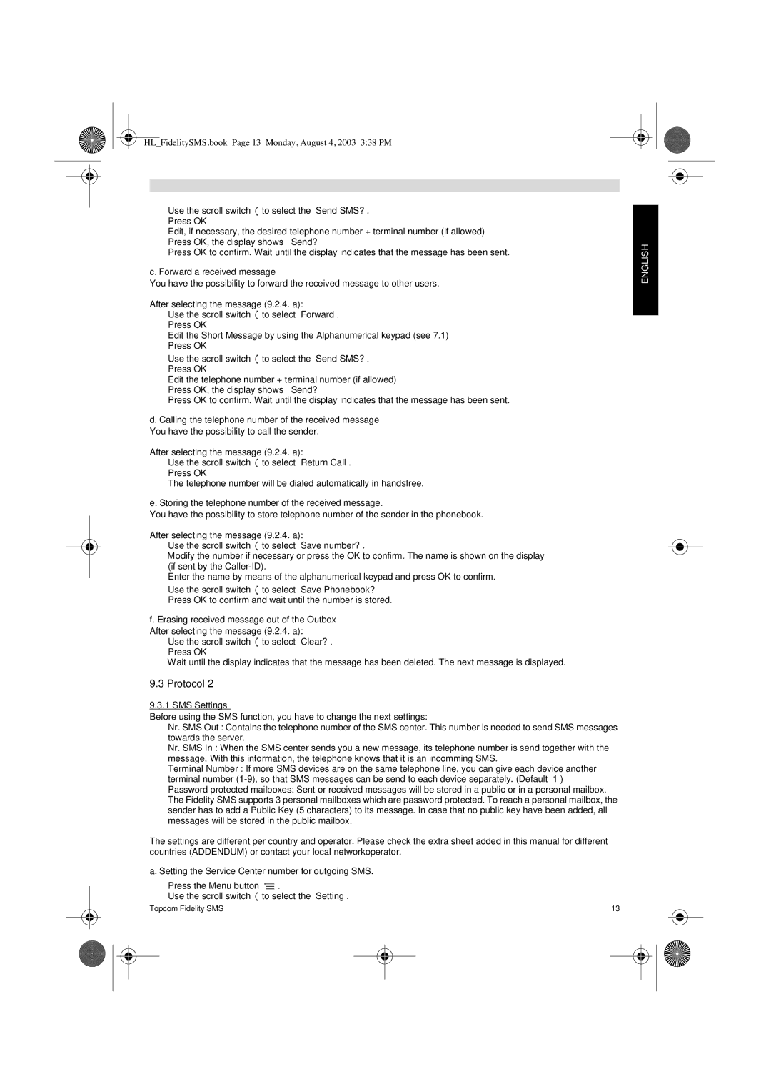 Topcom FIDELITY SMS user manual Forward a received message, Calling the telephone number of the received message 