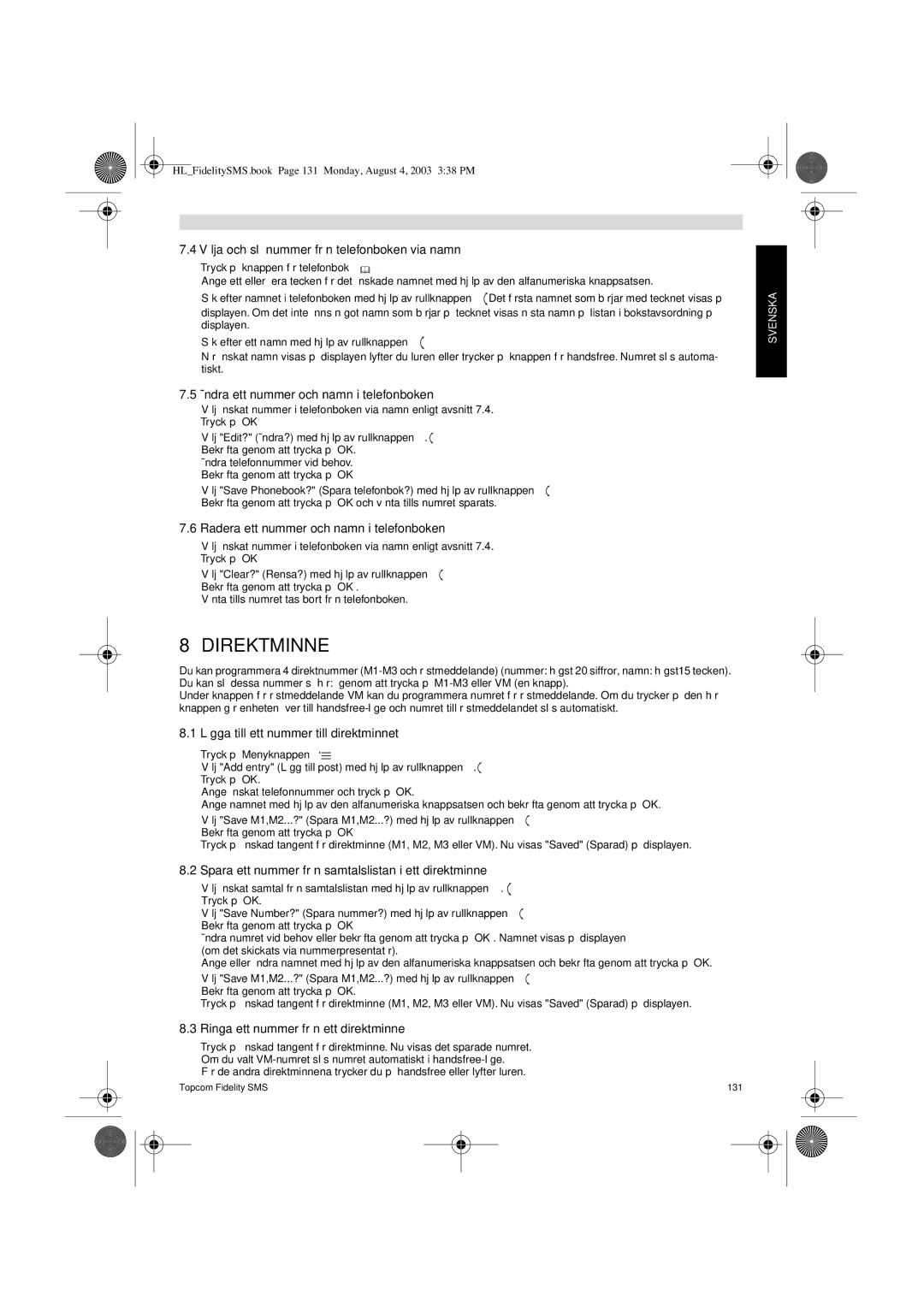 Topcom FIDELITY SMS user manual Direktminne 