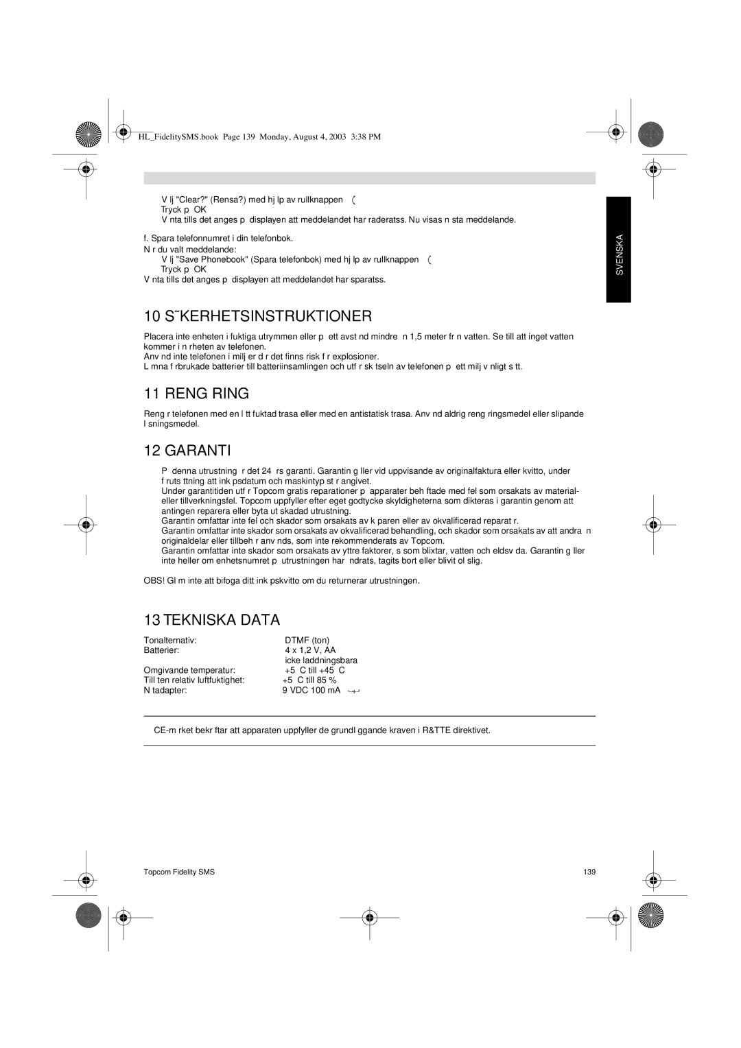 Topcom FIDELITY SMS user manual 10 Säkerhetsinstruktioner, Rengöring, Garanti, Tekniska Data 