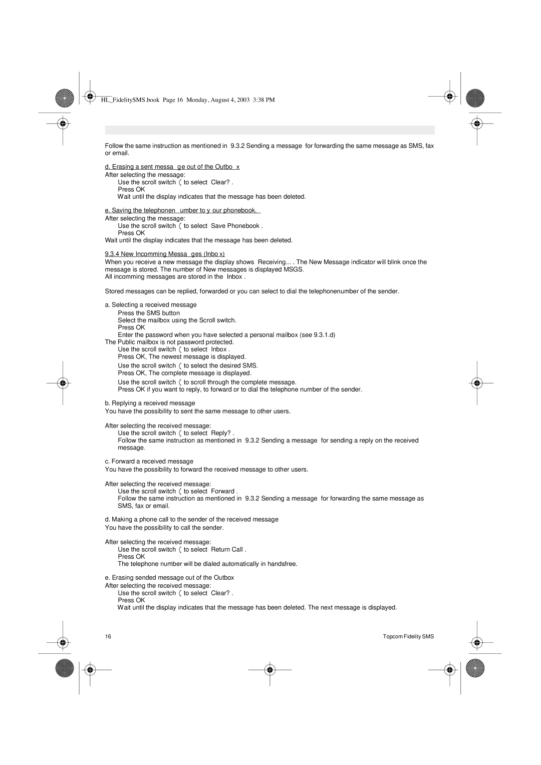 Topcom FIDELITY SMS user manual Erasing a sent message out of the Outbox, Saving the telephonenumber to your phonebook 