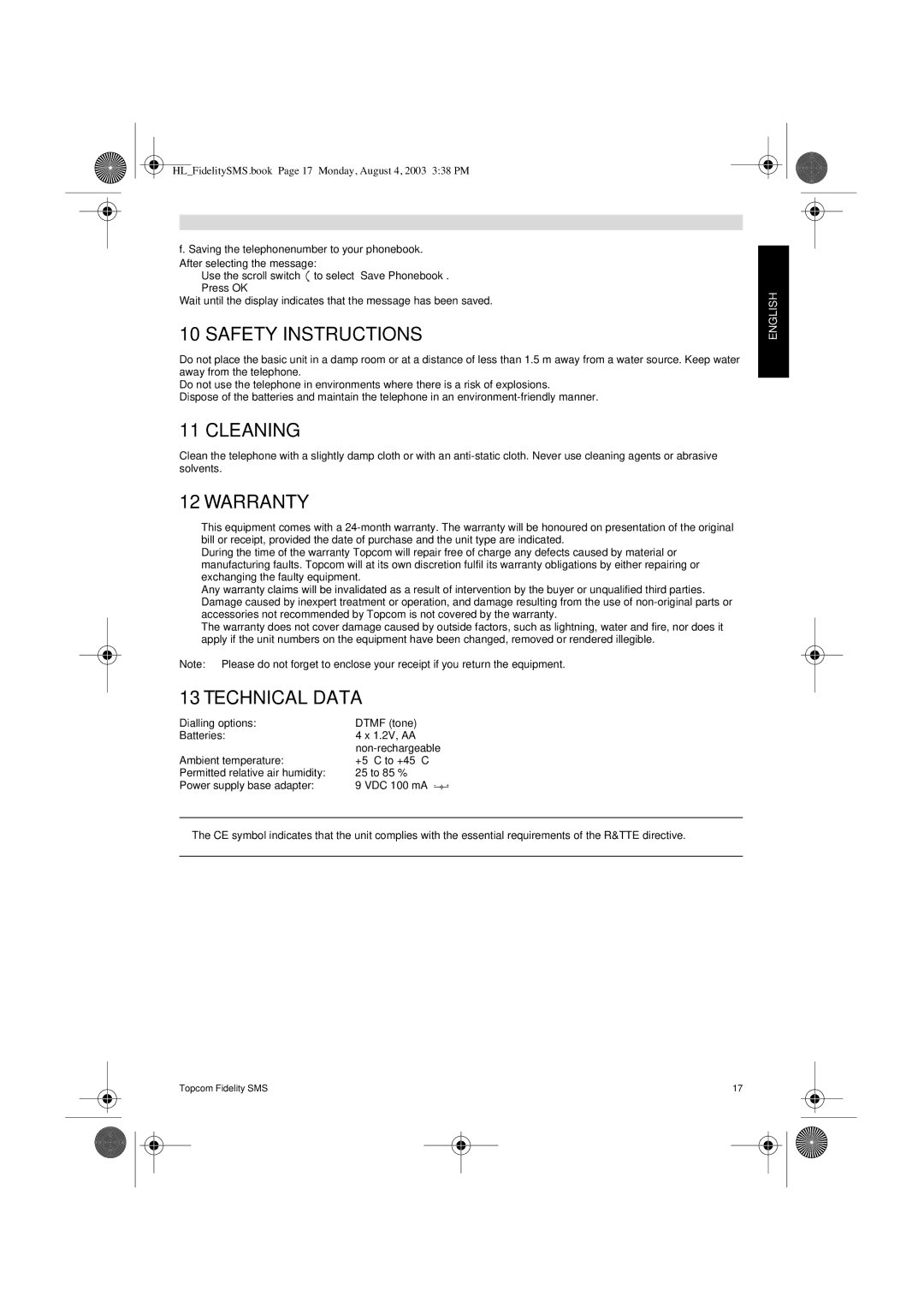 Topcom FIDELITY SMS user manual Safety Instructions, Cleaning, Warranty, Technical Data 