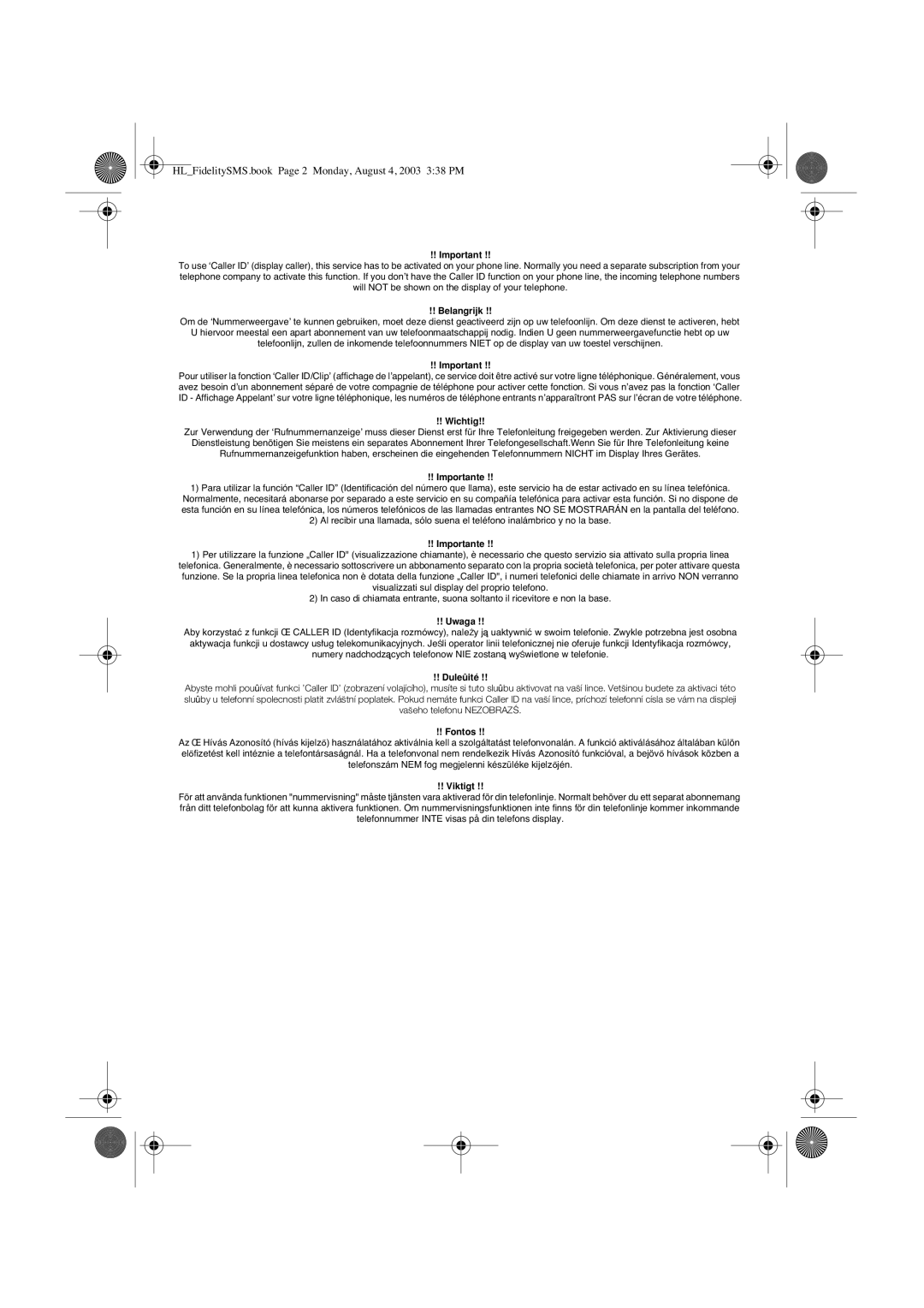 Topcom FIDELITY SMS user manual HLFidelitySMS.book Page 2 Monday, August 4, 2003 338 PM 