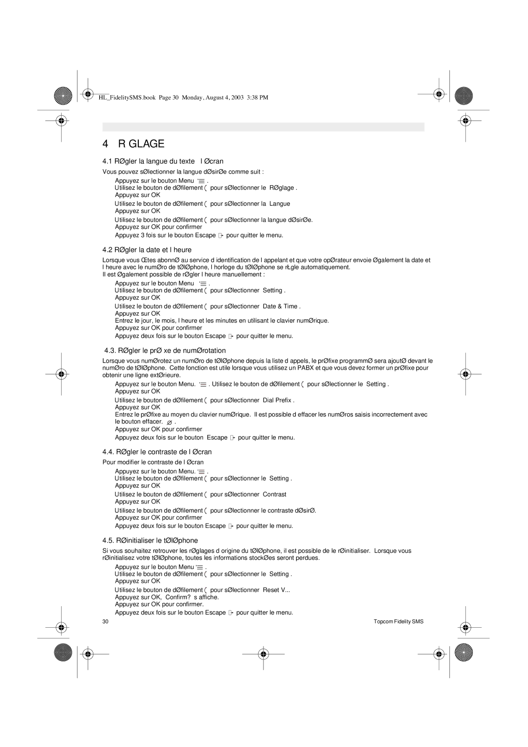 Topcom FIDELITY SMS user manual Réglage 