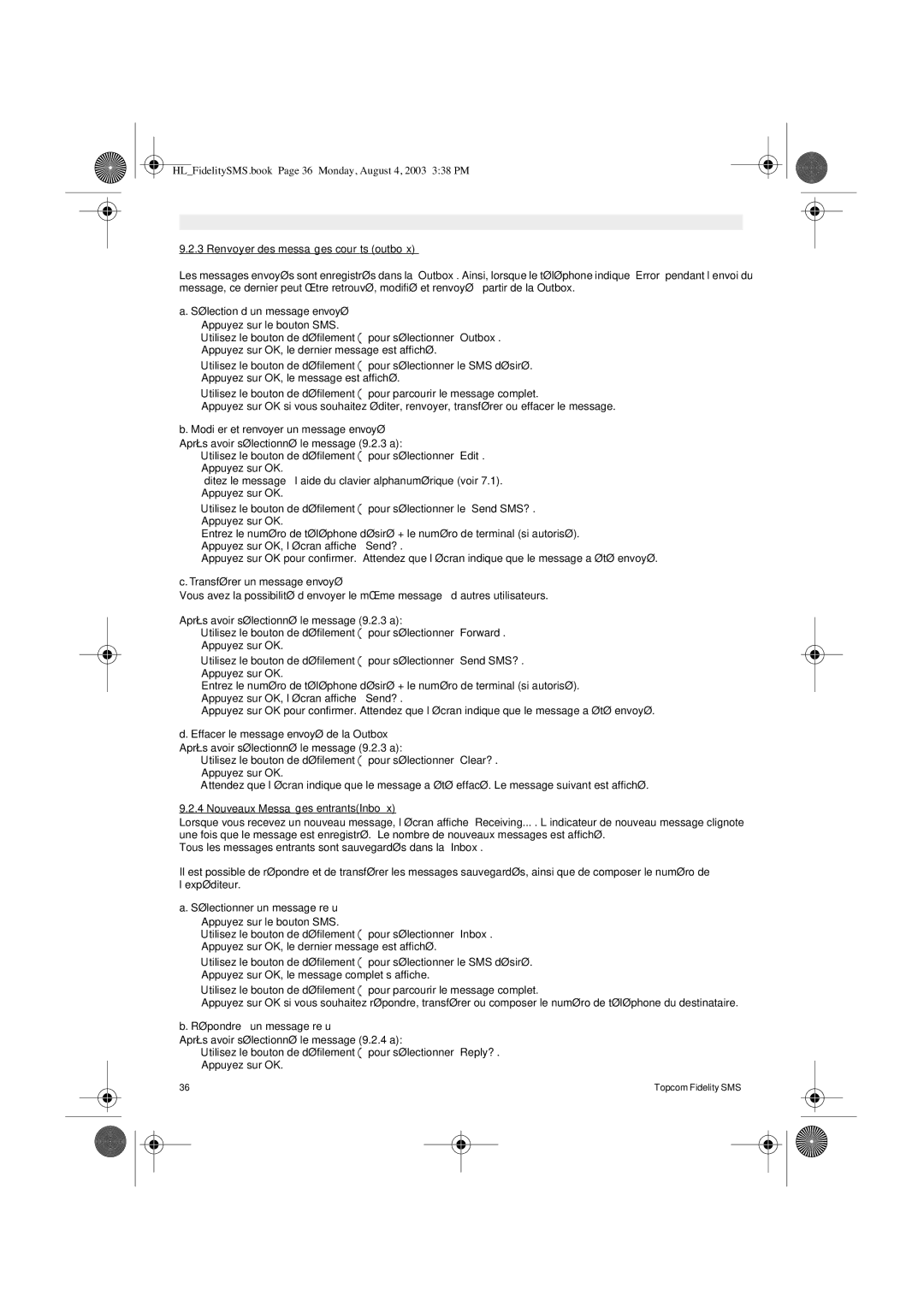 Topcom FIDELITY SMS Renvoyer des messages courts outbox, Sélection d’un message envoyé, Transférer un message envoyé 