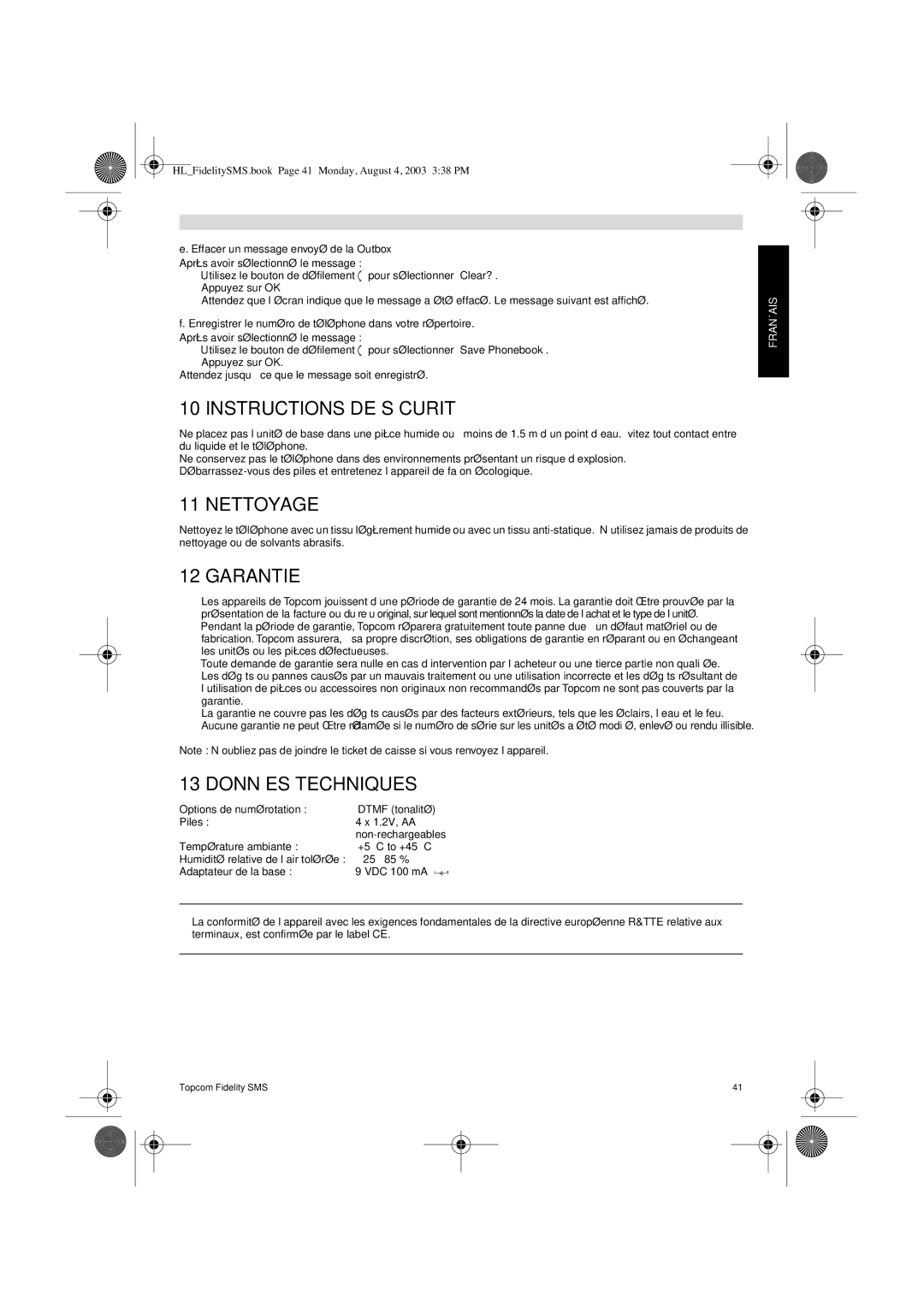 Topcom FIDELITY SMS Instructions DE Sécurité, Nettoyage, Données Techniques, Effacer un message envoyé de la Outbox 