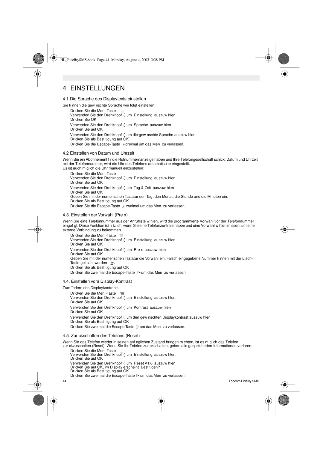 Topcom FIDELITY SMS user manual Einstellungen 