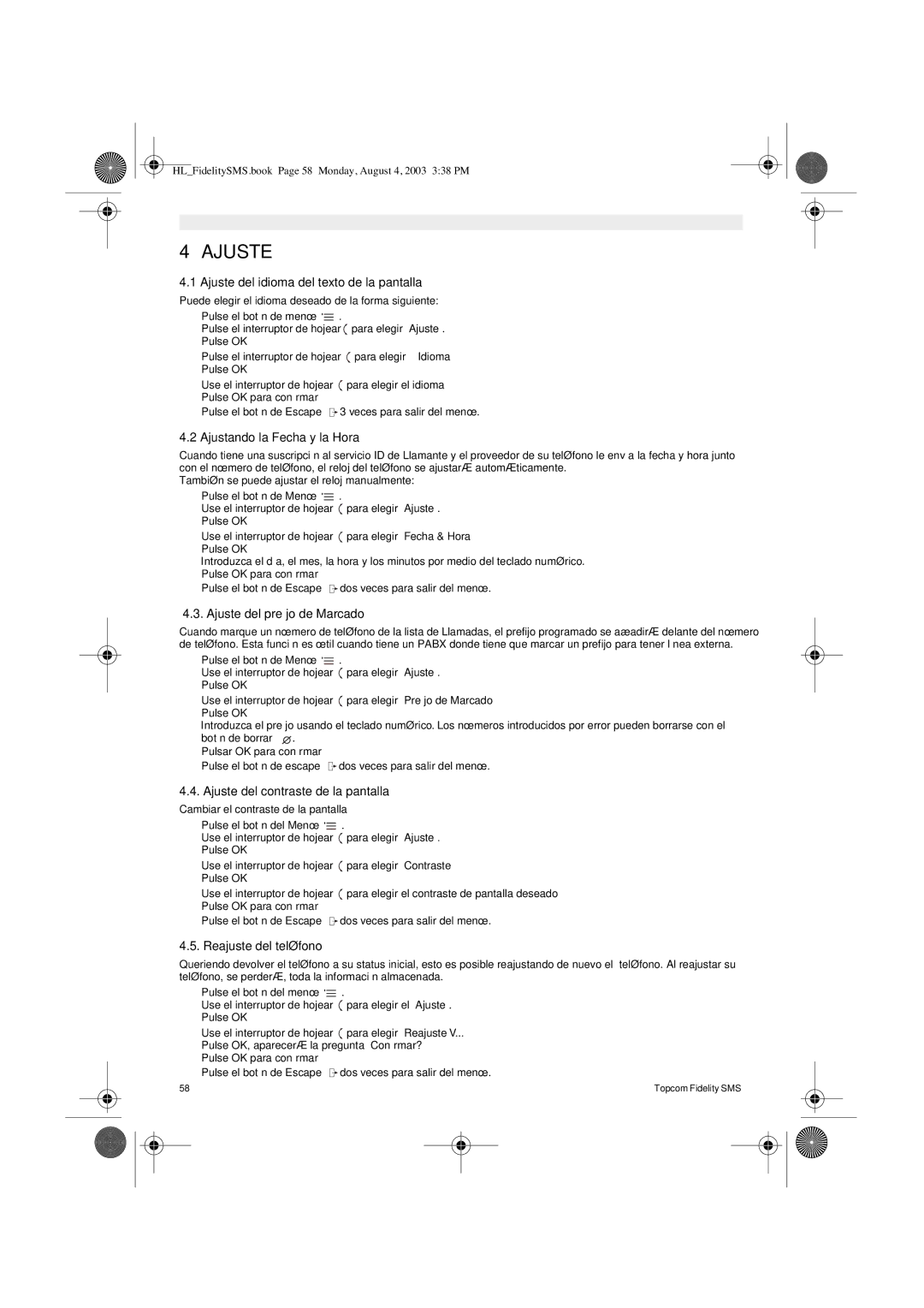 Topcom FIDELITY SMS user manual Ajuste 