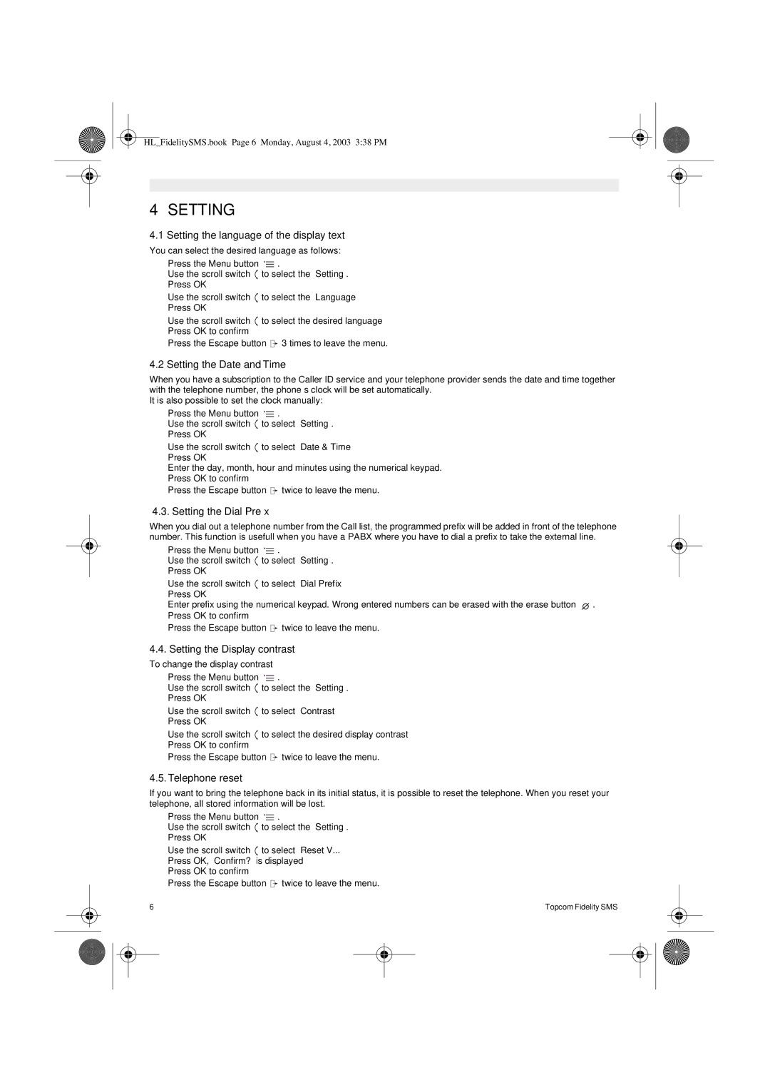 Topcom FIDELITY SMS user manual Setting 