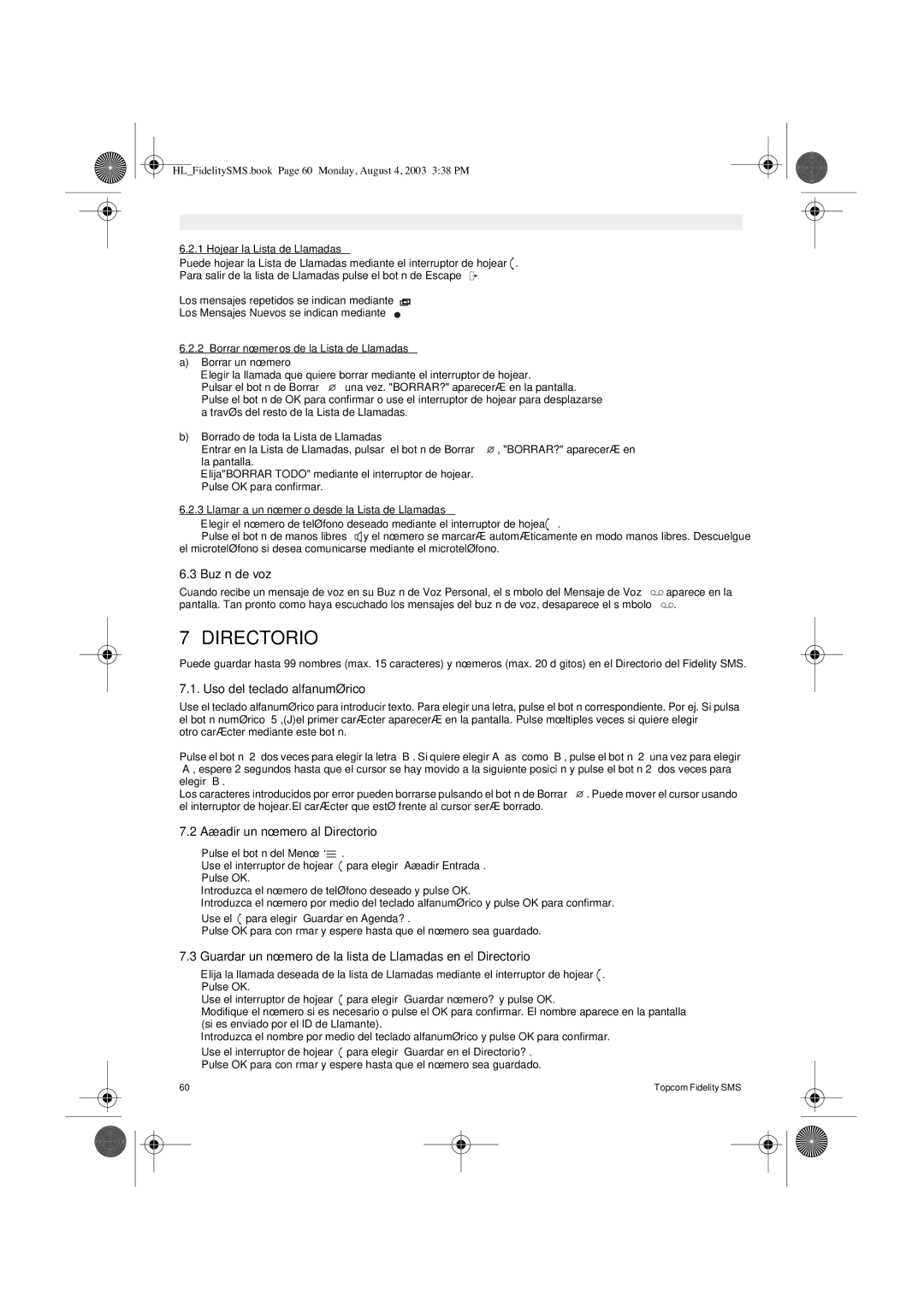 Topcom FIDELITY SMS user manual Buzón de voz, Uso del teclado alfanumérico, Añadir un número al Directorio 