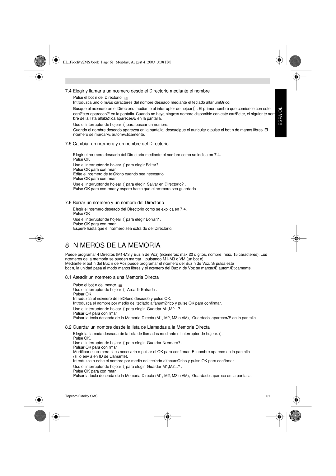 Topcom FIDELITY SMS user manual Números DE LA Memoria, Cambiar un número y un nombre del Directorio 